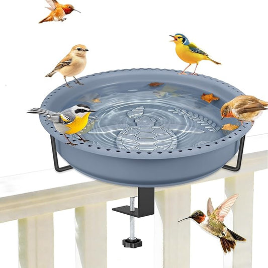 Bird Baths for Outdoors, Rustproof Metal Clamp Birdbaths & Birdfeeder with Detachable Plastic Basin, Outdoor Bird Feeding & Watering Station for Wild Birds Garden Patio Balcony (Grey)