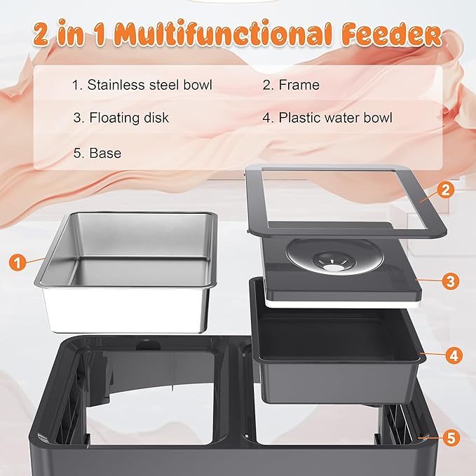 Decflow 2-in-1 Elevated Dog Bowls, 4 Height Adjustable Raised Dog Bowls with Stainless Steel & No Spill Water Bowl, DIY Stickers Foldable Pet Bowl for Medium Large Dogs(Not Included Slow Food Bowl)
