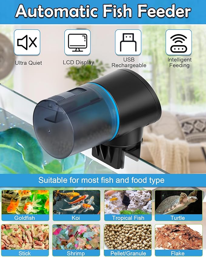 Automatic Fish Feeder for Aquarium - Rechargeable Fish Food Auto Dispenser Vacation Turtle Feeder with USB Charger Cable，LCD Screen, Customized Schedule (Blue)