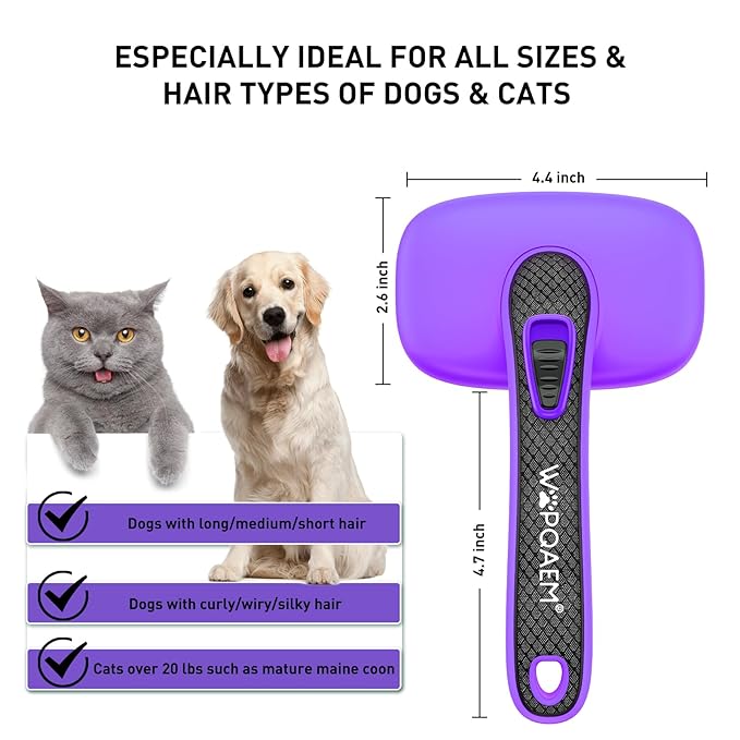 Self Cleaning Slicker Brush for Dog, Cat, Skin Friendly Shedding & Grooming Tool for Long and Short Haired Pets, Easy Clean Retractable Bristles, Purple