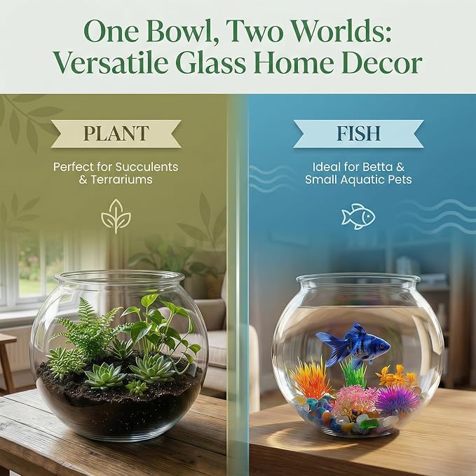 1 Gallon Clear Plastic Fish Bowl Set with 5 Artificial Plants and Stones | Smooth Surfaces Wipe Clean Easily, Rounded Shape Improves Viewing for Simple Home or Desktop Displays