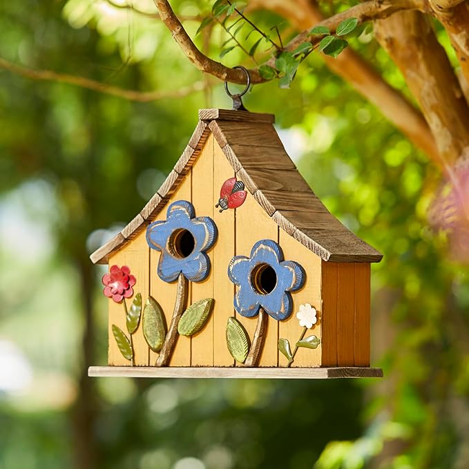 Glitzhome Bird Houses for Outside, 10.75" L Distressed Solid Wood Hanging Birdhouse with 3D Flowers Rustic Two-Story Townhouse Hand-Painted Garden Bird Houses for Outdoors,Washed Yellow