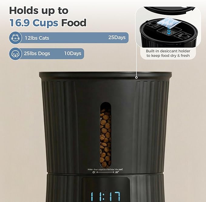 DUMOS 2.4G WiFi Automatic Cat Feeder, 4L Timed Cat Food Dispenser with APP Control, 10s Voice Recorder, Dual Power Supply, Indoor Programmable Pet Feeder with Desiccant for Small Cats and Dogs, Black