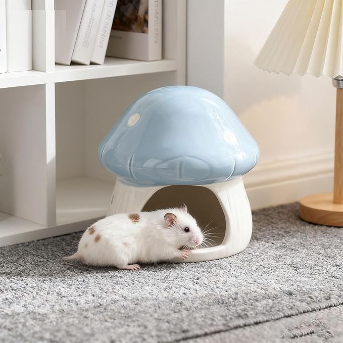 Baoblaze Ceramic Hamster House, Small Animal Hideout, Sturdy Cute Mushroom Shaped Cave Hideaway House for Gerbils Chinchilla, Blue
