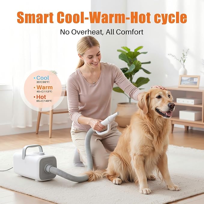 NEWBULIG Dog Hair Dryer, 1550W High Velocity Pet Blow Dryer with Heater for Grooming, Speed Temperature Adjustable Dog Blower Grooming Dryer with 4 Nozzles, White
