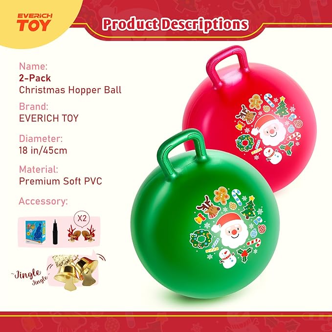 2-Pack Hopper Ball for Kids 18In Sit On Bouncy Ball with Handle with Christmas Reindeer Ears, The Top Green & Red Christmas Boys Girls Gifts for 4 5 6 7 8 Yr Old Indoor Outdoor Active Play