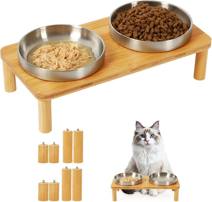 DoogCat Elevated Cat Bowls for Indoor Cats – Raised Bamboo Cat Food Table with 2 Stainless Steel Dishes, Adjustable Height (4.25"/3.07"), Whisker Friendly Feeding Station