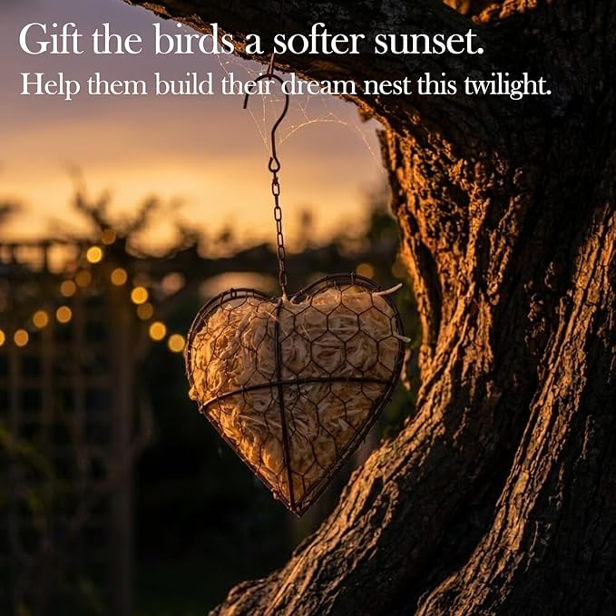 Handmade Fiber Bird Nesting Heart – Natural Nesting Material for Wild Birds, Refillable Jute & Cotton Holder for Garden, Patio & Outdoor Decor (2pcs)