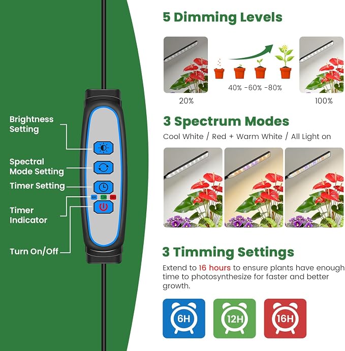 Kullsinss Clip-on Plant Lights for Indoor Growing, 57 LEDs 10W Grow Light | Full Spectrum Grow Lamp with Timer & Dimmable, Black Gooseneck Plant Lamp for Seed Starting, Succulents, Seedlings