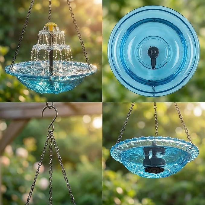 2026 Solar Cascade Hanging Bird Bath Fountain - 3 Layers Outdoor Water Feature for Hummingbirds, Easy-Clean 9.3" Glass Basin with Solar Powered Pump, Attract Wild Birds to Garden, Patio (Orange)
