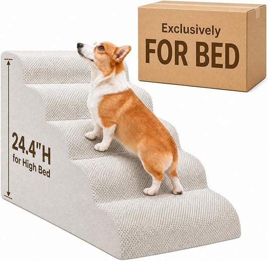 Dog Ramp for Bed,Pet Ramp for High Bed,Dog Stairs for Small & Medium Dogs,Curved Non-Slip Ladder for Older Dogs & Cats,24.4" H,5-Step (White)