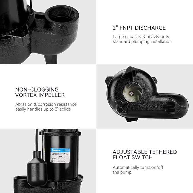 Acquaer Sewage Pump, Cast Iron, Automatic Tethered Float Switch, Sewage Effluent Pump for Sump Basin, Basement, Residential Sewage, 2'' NPT Discharge, Black