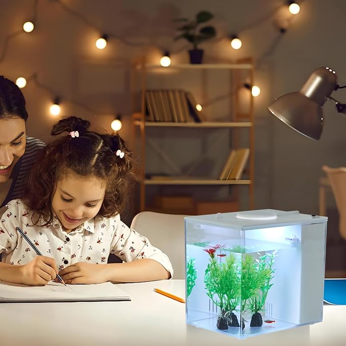 Mini Fish Tank Betta Aquarium Starter Kits Multifunctional Desktop LED Aquarium with Switch Button White, 1 Gallon