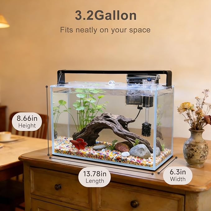 3.2 Gallon Fish Tank, Nano Nature Aquarium Kit,Small Aquarium Starter Kit,Ultra-Clear Rimless Desktop Small Aquarium with Filter and Light for Betta,Shrimp,Goldfish.Clear Glass