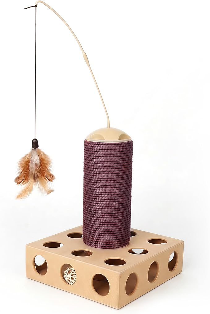 Cat Scratching Board 3 in 1 with Scratching Post, Rotating Teaser Wand & Bell Ball, Cat Nail File Enrichment Box for Indoor Cats Kitten, Interactive Cat Toys for Boredom Relief