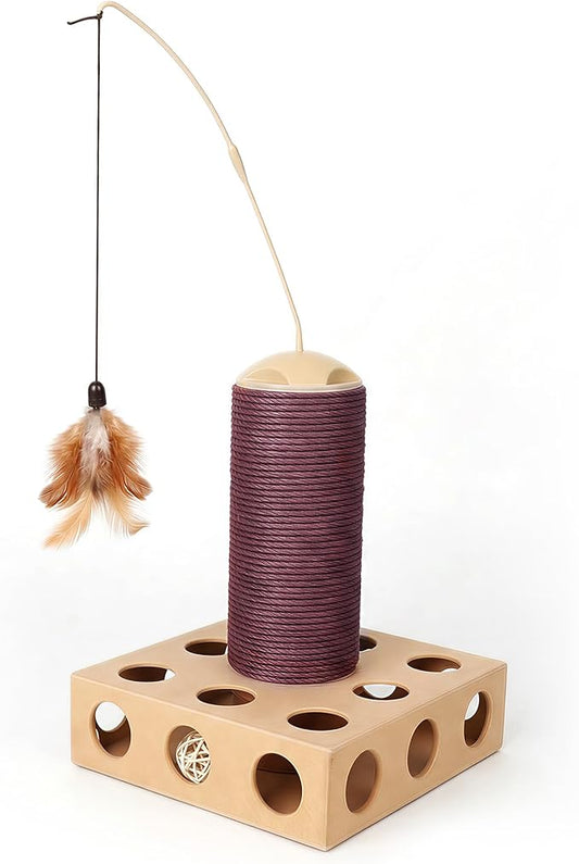 Cat Scratching Board 3 in 1 with Scratching Post, Rotating Teaser Wand & Bell Ball, Cat Nail File Enrichment Box for Indoor Cats Kitten, Interactive Cat Toys for Boredom Relief