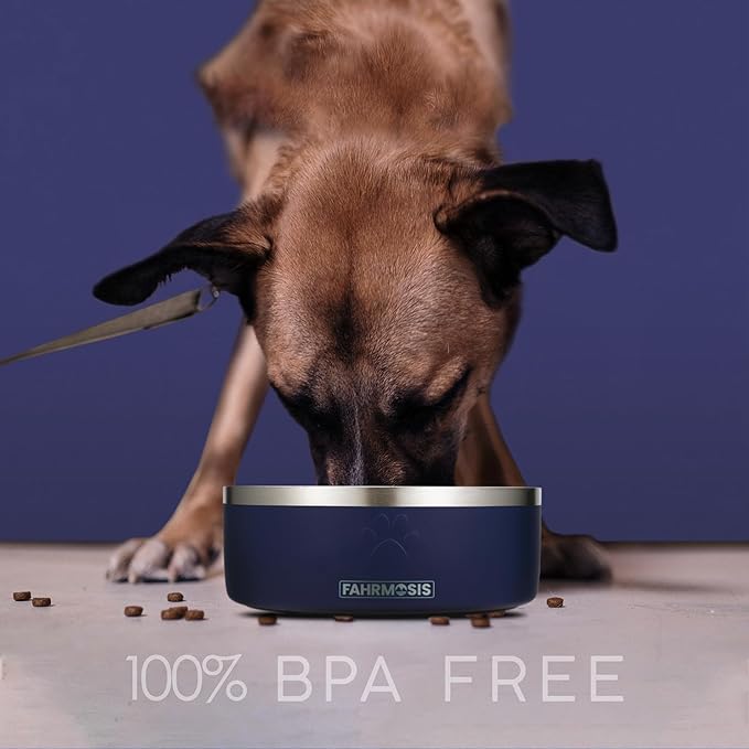 FAHRMOSIS 32 Oz Dog Bowl with Slow Feeder Insert Stainless Steel Pet Water Bowl for Medium & Large Breed Non Slip Rubber Base & Plastic Puzzle Feeder - Navy Blue