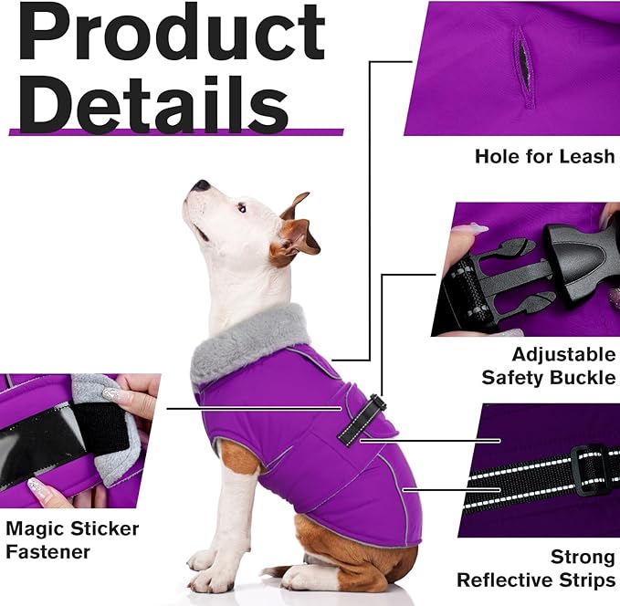 Lelepet Warm Dog Winter Coats for Large Dogs Waterproof Dog Jacket Reflective Pet Fleece Vest Windproof Cold Weather Coats with Adjustable Buckle & Leash Hole, Purple, XXL