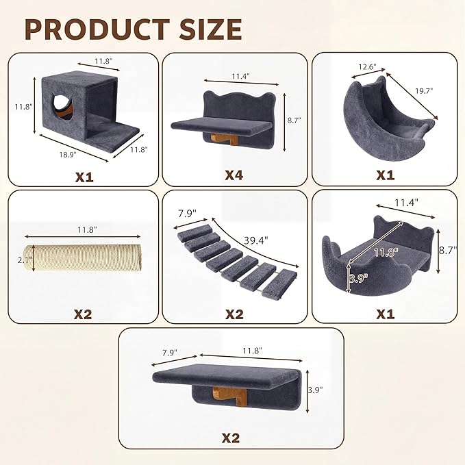 13-in-1 Cat Wall Shelves, Wall Mounted Cat Furniture Set with Plush Fabric, Cat Climbing Wall Systems, Cats Shelf with Moon Hammock, Condos, House, Step, Bridge Ladder, Scratching Post, Grey