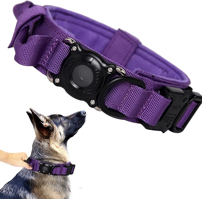 Upgraded AirTag Dog Collar,Waterproof Tactical Dog Collar with AirTag Holder, Control Handle and Metal Buckle,Heavy Duty Dog Collars for Large Dogs (DeepPurple，L