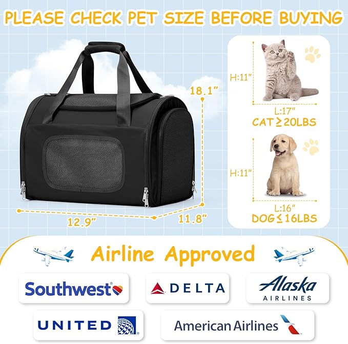 Cat Carrier Soft, Pet Dog Carrier Soft-Sided Airline Approved, Pet Travel Carrier Up to 20lbs, Collapsible Cat Carrier Dog Carrier for Medium Cats Small Dogs, Black