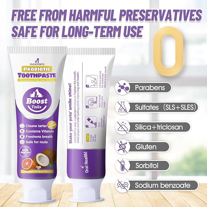 Natural Coconut Oil Dog & Cat Toothpaste for Fresh Breath & Daily Oral Care, Enzymatic Probiotic Formula with Vitamin B, Helps Reduce Plaque & Tartar, Safe to Swallow, Coconut Chicken Flavor, 3.52oz