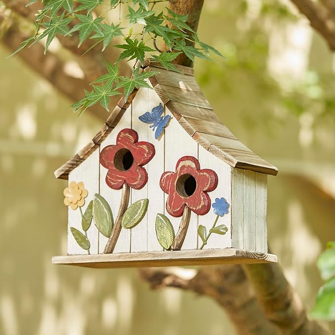 Glitzhome Bird Houses for Outside, 10.75" L Distressed Solid Wood Hanging Birdhouse with 3D Flowers Rustic Two-Story Townhouse Hand-Painted Garden Bird Houses for Outdoors,Washed White