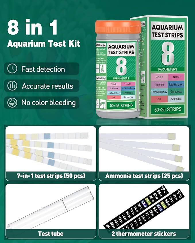 Pawfly 8 in 1 Aquarium Test Strips, 75 Strips Fish Tank Water Testing kit for pH Chlorine Nitrate Nitrite Carbonate Hardness Total Alkalinity & Ammonia Water Quality Freshwater Saltwater Test Kit