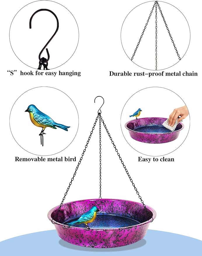 Hanging Bird Bath for Outside, 11.5” Metallic Purple & Blue Metal Birdbath Bowl & Feeder with Black Chain Outdoor Garden Yard Decor