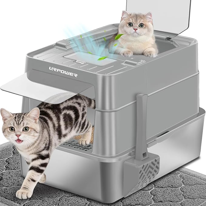 URPOWER Stainless Steel Cat Litter Box with Flip-Top Lid Extra Large Enclosed Litter Box Non-Sticky Metal Pan with High Sided & Scoop, Odor Free, Front & Top Entry, Anti-Leakage, Easy Cleaning