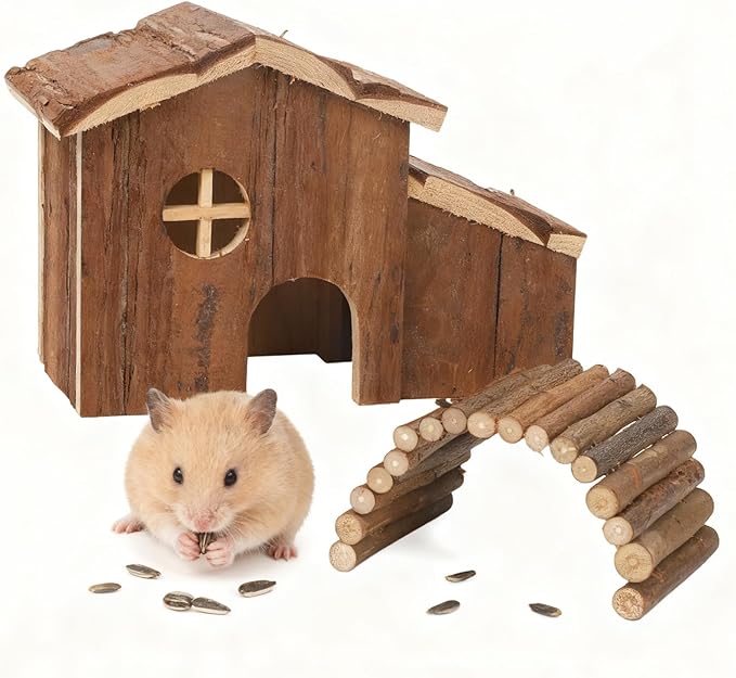 Hamster Hideout Wooden Hamster House and Natural Wood Rat Hut Hamster Bridge for Dwarf Hamster Mice Playing Hiding