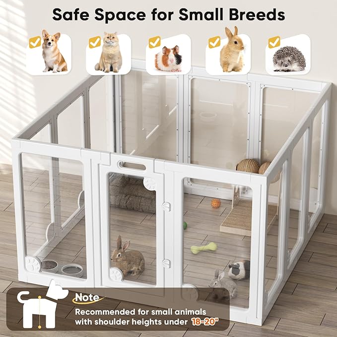 Clear Acrylic Dog Play Pen Indoors 30", 12 Panels Transparent Puppy Playpen with Door for Small Dogs Puppies, Modular Plastic Pet Playpen Cage Fence Crate for Cat Kitten Rabbit, White