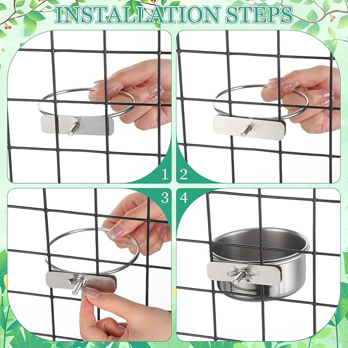 Ziliny 12 Pcs 10 oz Stainless Steel Bird Feeding Dish Cups Bird Feeder with Clamp Parrot Food Cups for Cage Pet Water Cage Bowls for Budgies Parakeet Cockatiel Small Animal