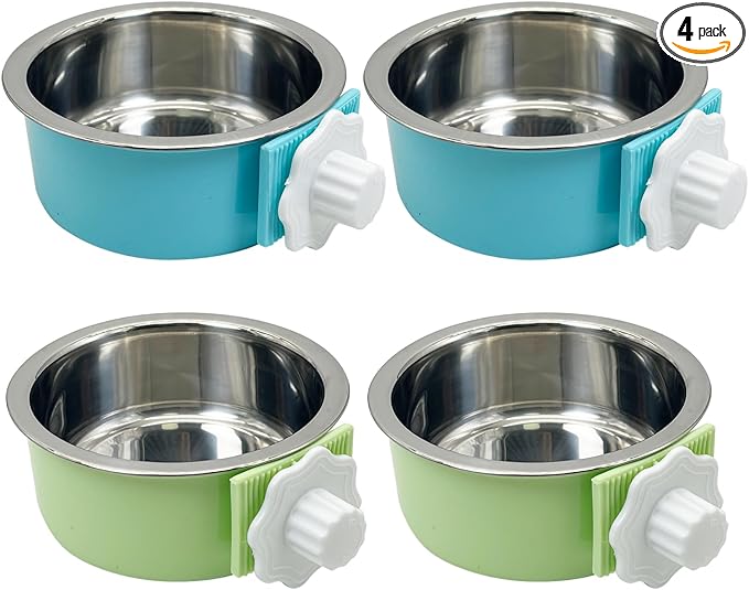 Tfwadmx 4 Pcs Crate Dog Bowl Cat Removable Stainless Steel Food and Water Feeder Hanging Cage Bowls Coop Cup with Cleaning Set for Pet Puppy Bird Rat Guinea Pig Ferret Bunny Rabbit (Light Blue&Green)