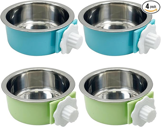 Tfwadmx 4 Pcs Crate Dog Bowl Cat Removable Stainless Steel Food and Water Feeder Hanging Cage Bowls Coop Cup with Cleaning Set for Pet Puppy Bird Rat Guinea Pig Ferret Bunny Rabbit (Light Blue&Green)