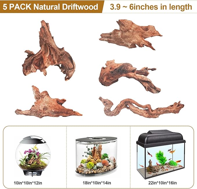 Natural Driftwood Decor for Aquarium Decorations Reptile Tank Accessories, Assorted Wood Branches Decorations on Reptile Fish Tank 2-10" 2 Pcs/4 Pcs/ 5 Pcs/ 6 Pcs (Pack of 5 (3.9 to 6 Inch))