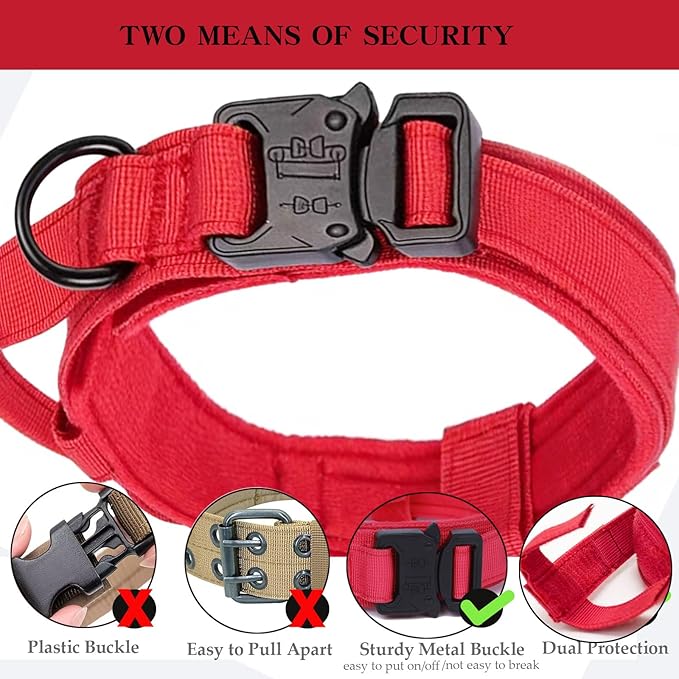 Xqpetlihai Tactical Dog Collar Adjustable Military Nylon Dog Collar with Control Handle and Heavy Duty Metal Buckle for Medium and Large Dogs (Red,XXL)