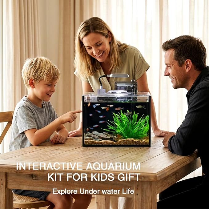 2.5 Gallon Betta Fish Tank, Small Aquarium Kit,Glass Small Fish Tank,Betta Fish Tank with a lid and Light and Filter, Small Transparent Glass Fish Tank with Light and Filter (Black Glass Background)
