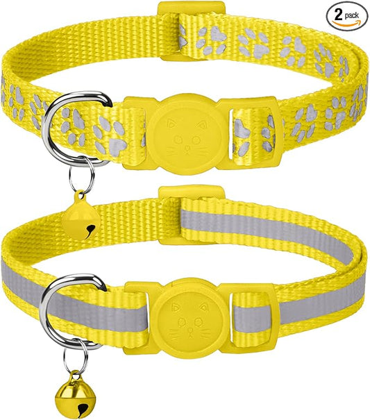 Taglory Reflective Cat Collar Breakaway with Bell, High Visibility Night Strip, Lightweight Adjustable Nylon Collar for Boy Girl Cats, 2 Pack, 7.5-12.5 Inch, Yellow