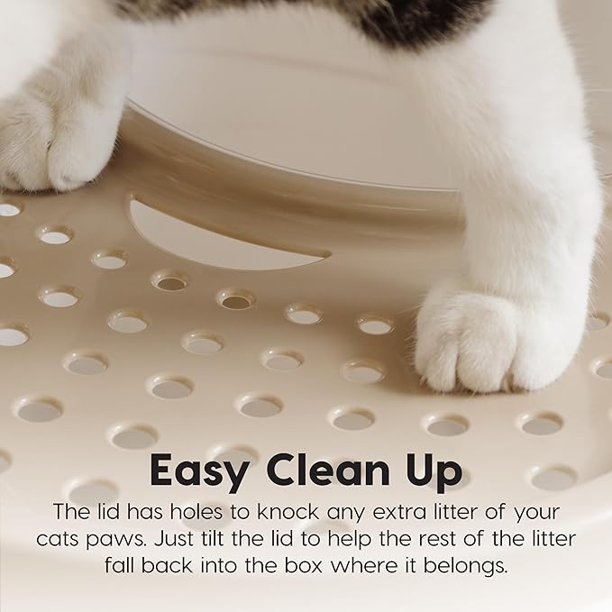 IRIS USA Cat Litter Box Large Top Entry with Lid Enclosed Covered Hooded Design Litter Catching Scatter Shield Pan Dog Proof Pet Proof Scoop Included Odor Control for Indoor Cats Kittens White/Beige
