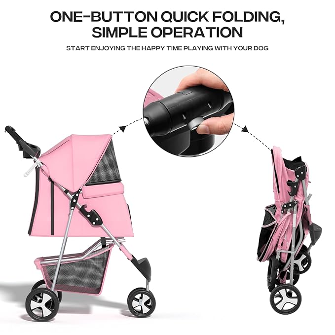Pink Dog Stroller for Medium Dogs 30 lbs Pet Stroller for Small Dogs Cat Strollers for 2 Cats, 3 Wheels Foldable Jogger Puppy Stroller with Storage Basket and Cup Holder, Pink