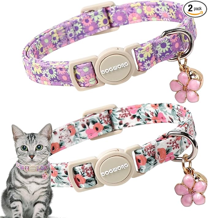 Cat Collar,2 Pack Cute Cat Collars Breakaway with Bell- Safety Buckle Flower Pink Rose Cat Collar for Girl Cats and Small Dogs，Adjustable 7-12 Inch,Pet Supplies Accessories