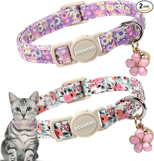 Cat Collar,2 Pack Cute Cat Collars Breakaway with Bell- Safety Buckle Flower Pink Rose Cat Collar for Girl Cats and Small Dogs，Adjustable 7-12 Inch,Pet Supplies Accessories