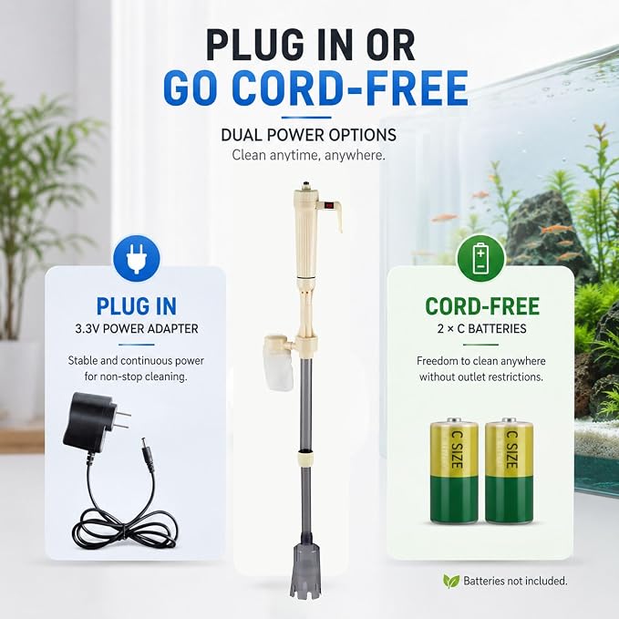 ORIXA 6-in-1 Electric Aquarium Gravel Cleaner & Water Changer, Fish Tank Vacuum with 520 L/H Powered Suction, Dual Power, Filter Bag, Adjustable 40–95 cm Tube & 90° Cleaning Head
