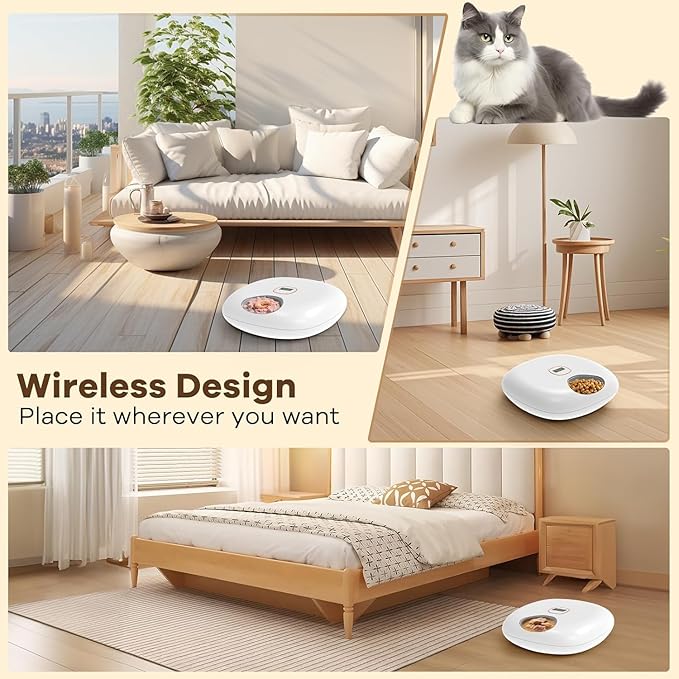 Automatic Cat Feeder Wireless, Sharper Image Auto Cat Food Dispenser for Wet Food with 4 Ice Packs, Rechargeable Auto Feeder for Cats with Programmable Timer Low Battery Indicator, White