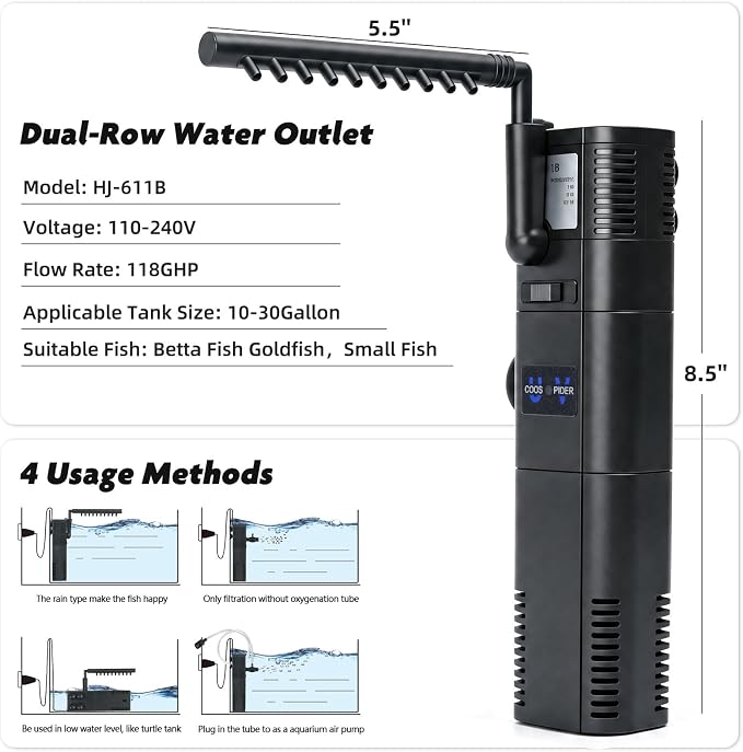 TARARIUM Small Aquarium Filter U-V for 10-30 Gallon Tank,118GPH Fish Tank Filters for Betta Fish Tank Green Clean Machine, Internal Pump Filter for Turtle Tank Saltwater Freshwater Crystal Clear | Adjustable flow rate