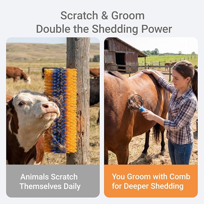 2 Pack Livestock Scratching Brush, Large Horse Grooming Brush Kit With Stainless Steel Curry Comb for Full Massage, Heavy Duty Animal Scratcher for Goat, Cow, Donkey, Horses, Barn or Pasture