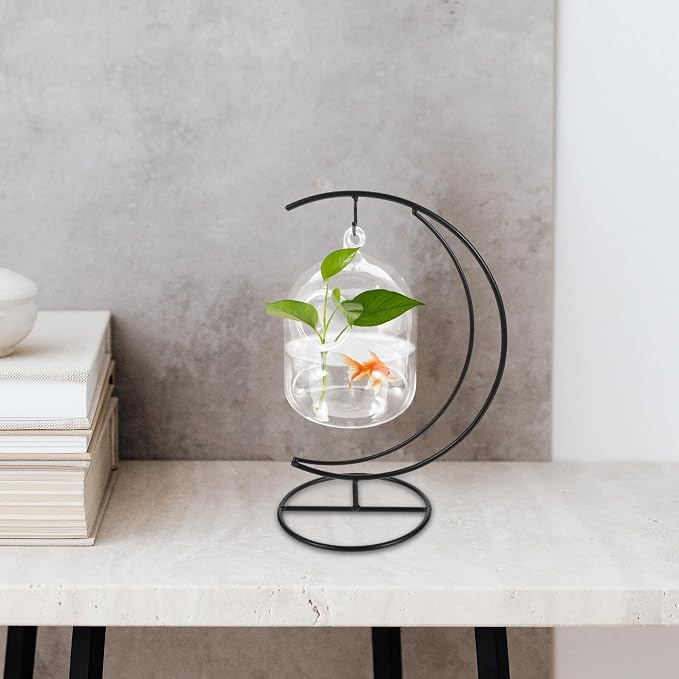MERRYHAPY Hanging Glass Fish Bowl with Moon-Shaped Iron Stand, Small Aquarium Tank for Betta and Goldfish, Desktop Aquarium Decoration, 12cm