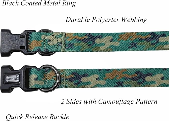 Dog Collar Leash Set, Camouflage Pattern, Polyester Material, Adjustable Collar and 5ft Matching Leash, for Small Dogs.(S, Green Camo)