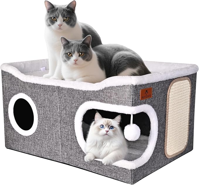 Extra Large Cat Beds for Indoor Cats, Covered Cat Cave Beds & Furniture with Scratch Pad and Fluffy Ball, Foldable Cat Condo Hideaway with Reversible Cushion for Multi Small Pet Large Kittens, Grey